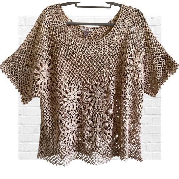 Roz & Ali Tan Crochet Mesh Fish Net Short Sleeve Knit Top Plus Size 3X Neutral - Picture 1 of 10